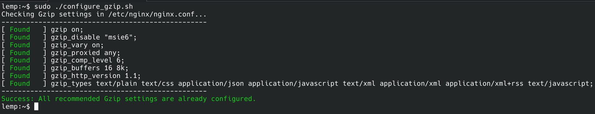 Gzip configured on LEMP server